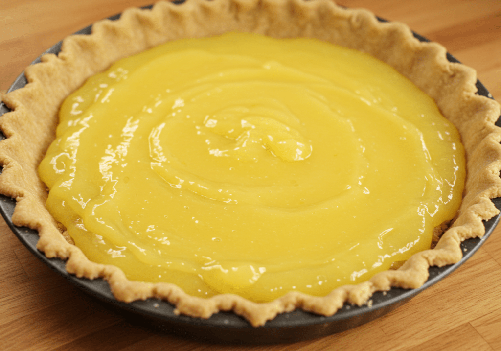 Lemon pie filling spread in a baking pie dish for Lemon Cream Cheese Dump Cake.