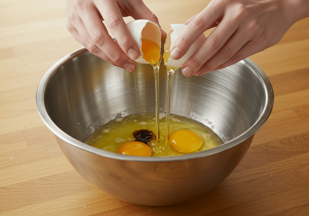 Cracking eggs for Chocolate Turtle Cake batter with melted butter nearby.