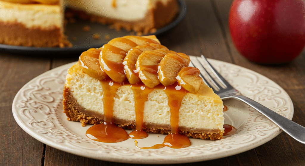 Delicious Easy Caramel Apple Cheesecake slice with caramelized apples, perfect for dessert.
