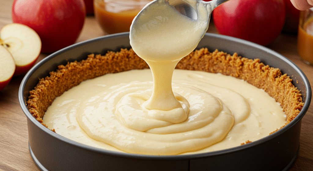 Pouring cheesecake mixture over the crust for Easy Caramel Apple Cheesecake.