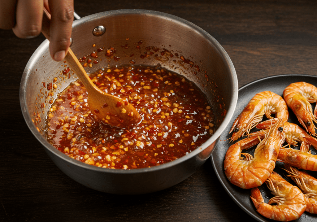 Garlicky hot pepper sauce being prepared for Fried Prawns.