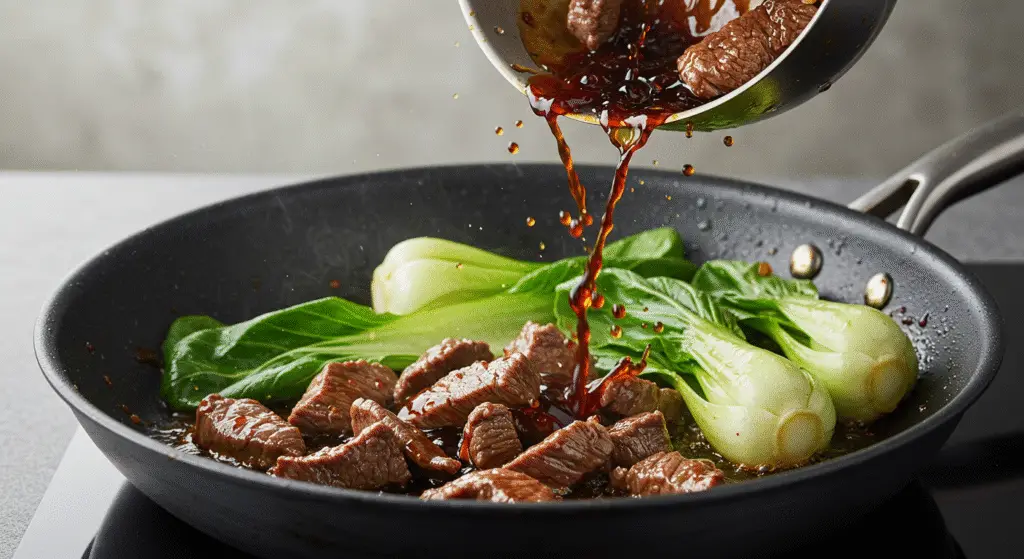 Beef being combined with bok choy in the skillet for Ginger Garlic Beef & Bok Choy.
