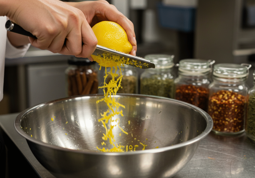 Lemon zest being added to Mediterranean Quinoa Feast for flavor enhancement.