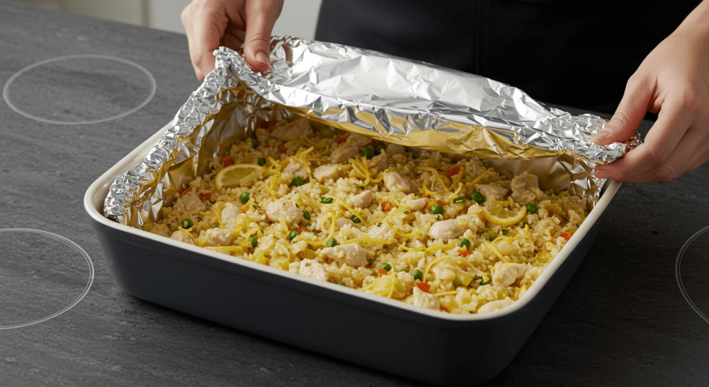 Covering and placing the Lemon Chicken Rice Bake in the oven to cook.