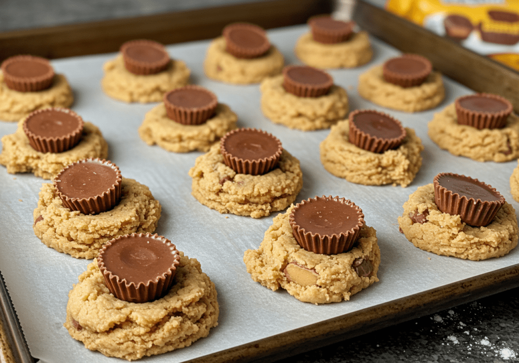 Mini peanut butter cups being added to cookie dough for Peanut Butter Cup Cookies.