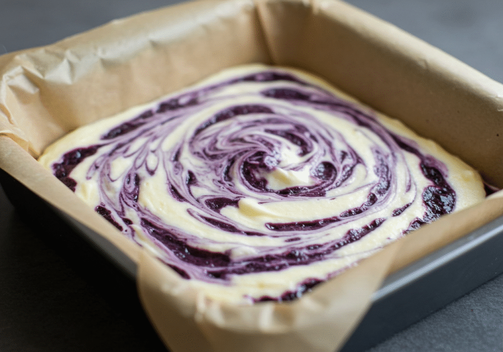 Blueberry cream cheese mixture spread in a baking dish for Quick Blueberry Cream Cheese Bars.