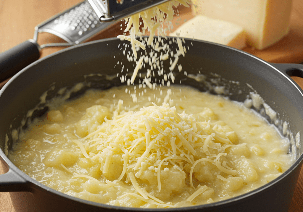 Grated cheese being added to potato soup for extra creaminess in Simple Loaded Potato Soup recipe.
