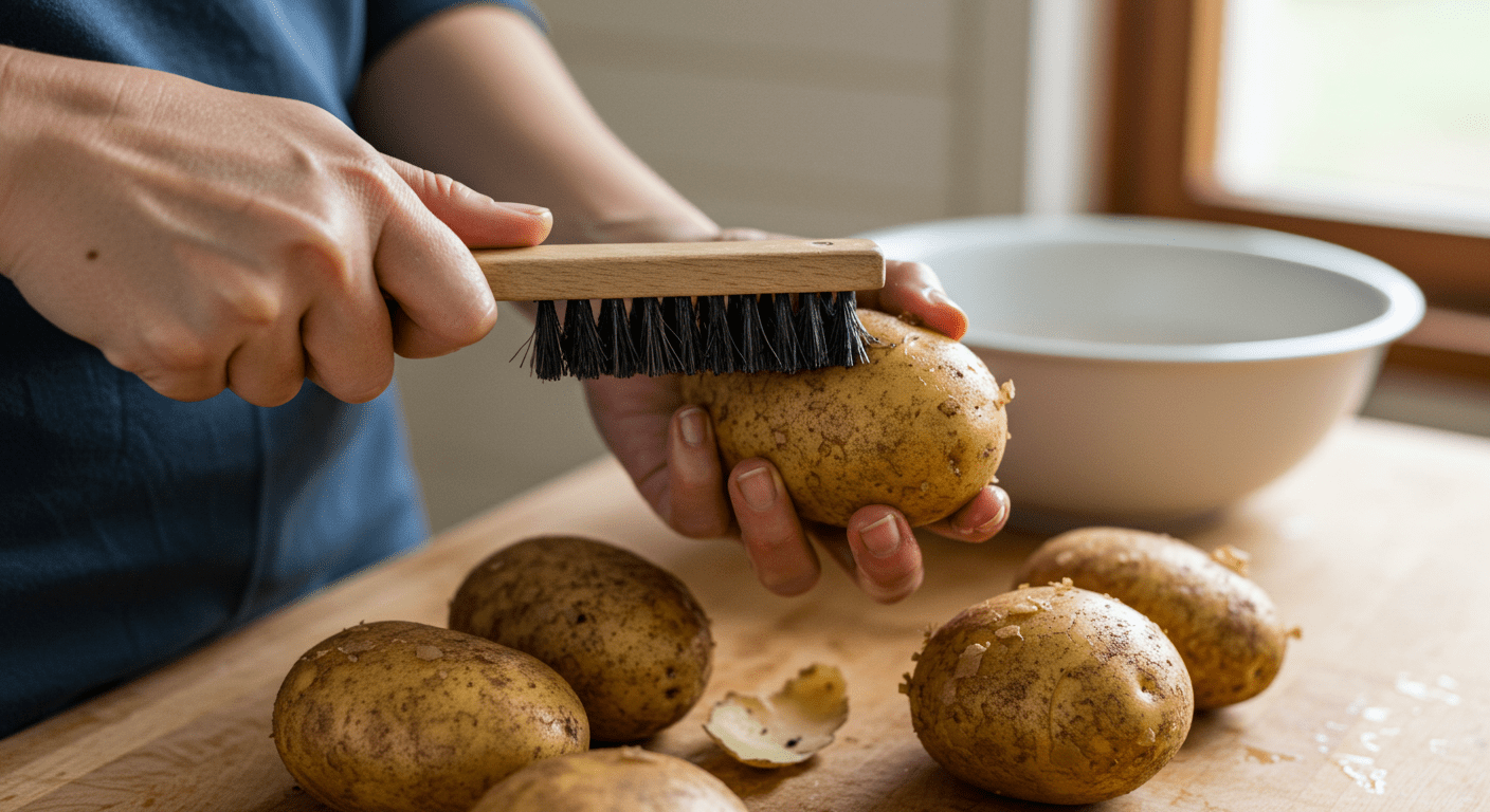 Cleaning russet burbank potatoes to prepare for a delicious recipe.