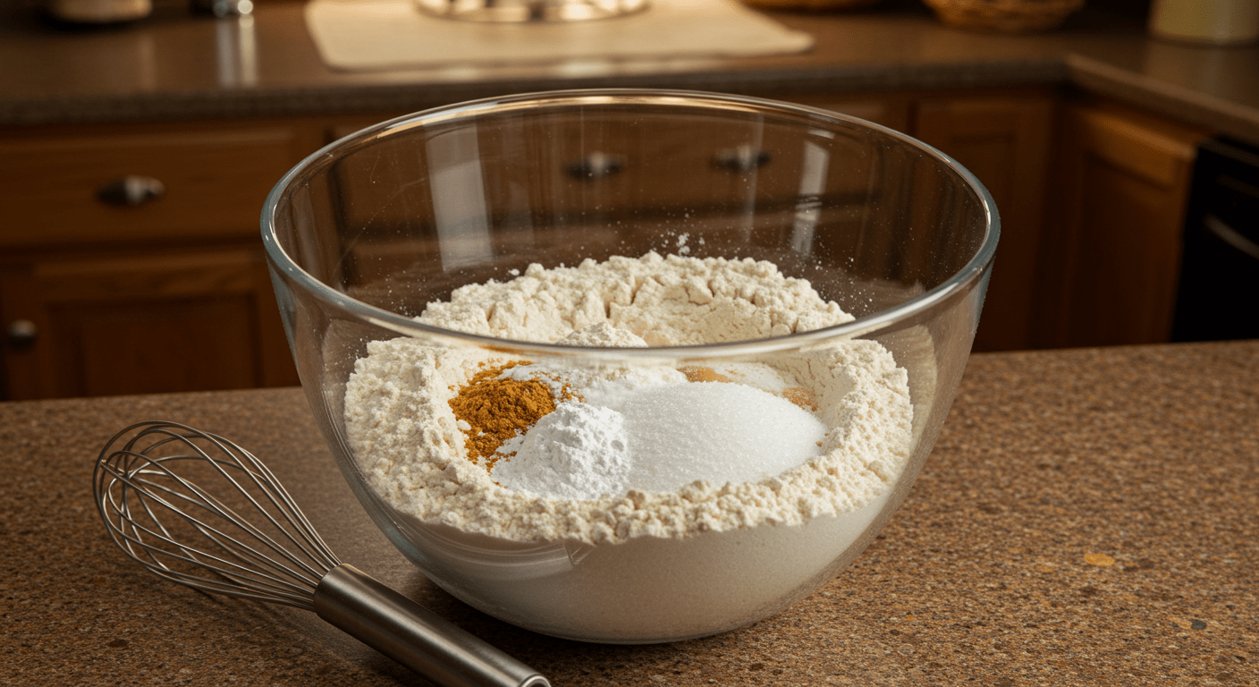 Flour and baking powder mixture preparation in a cozy kitchen, showcasing the difference between yeast vs baking powder.
