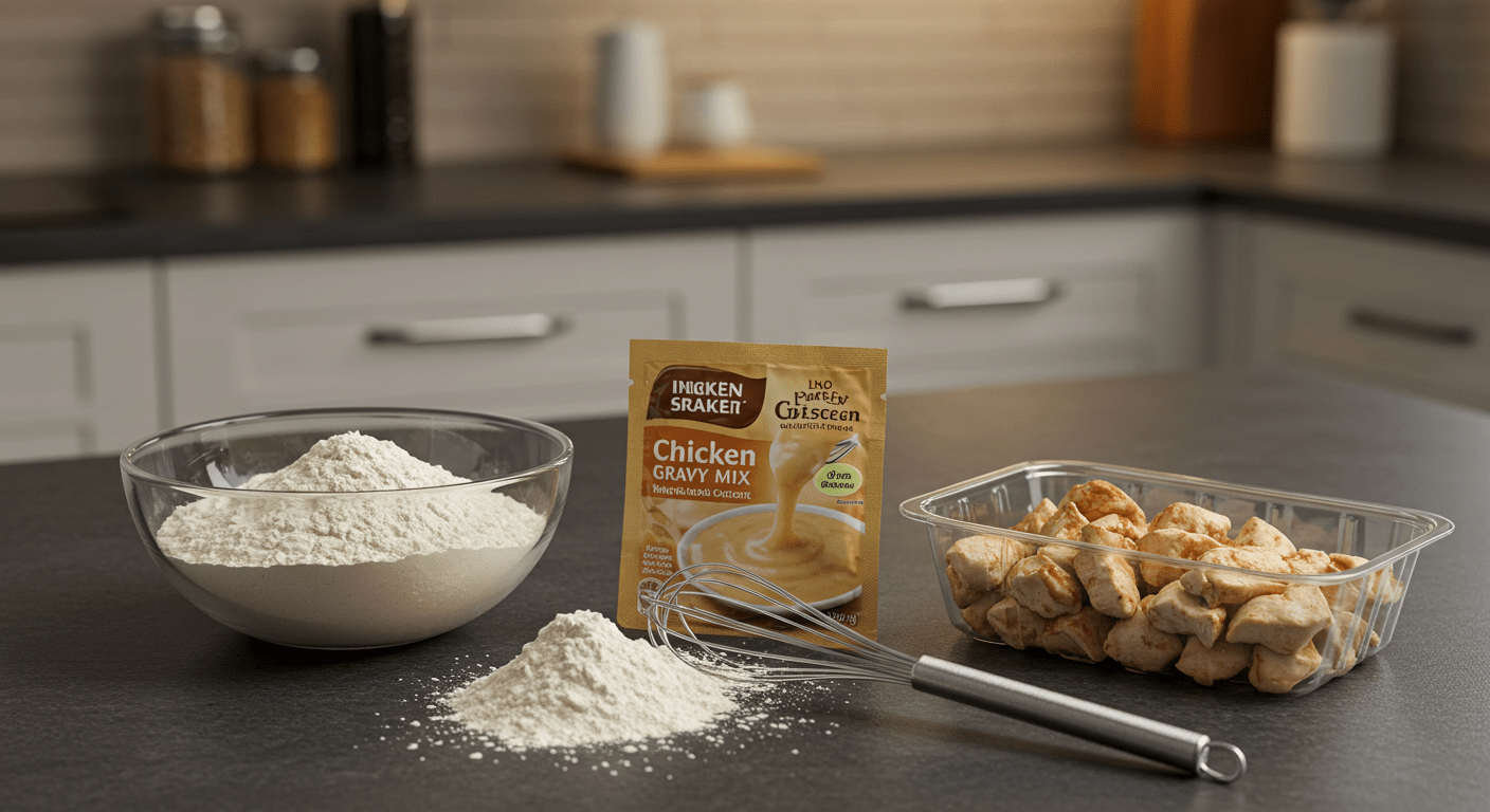 Preparation of chicken gravy packet ingredients with flour and gravy mix on a kitchen countertop.