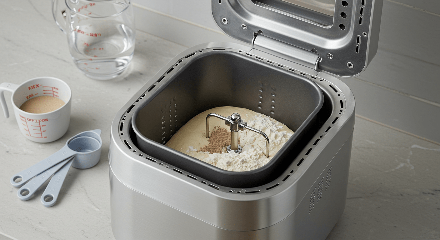 Preparing cinnamon raisin bread machine recipe with flour and yeast in the bread machine.
