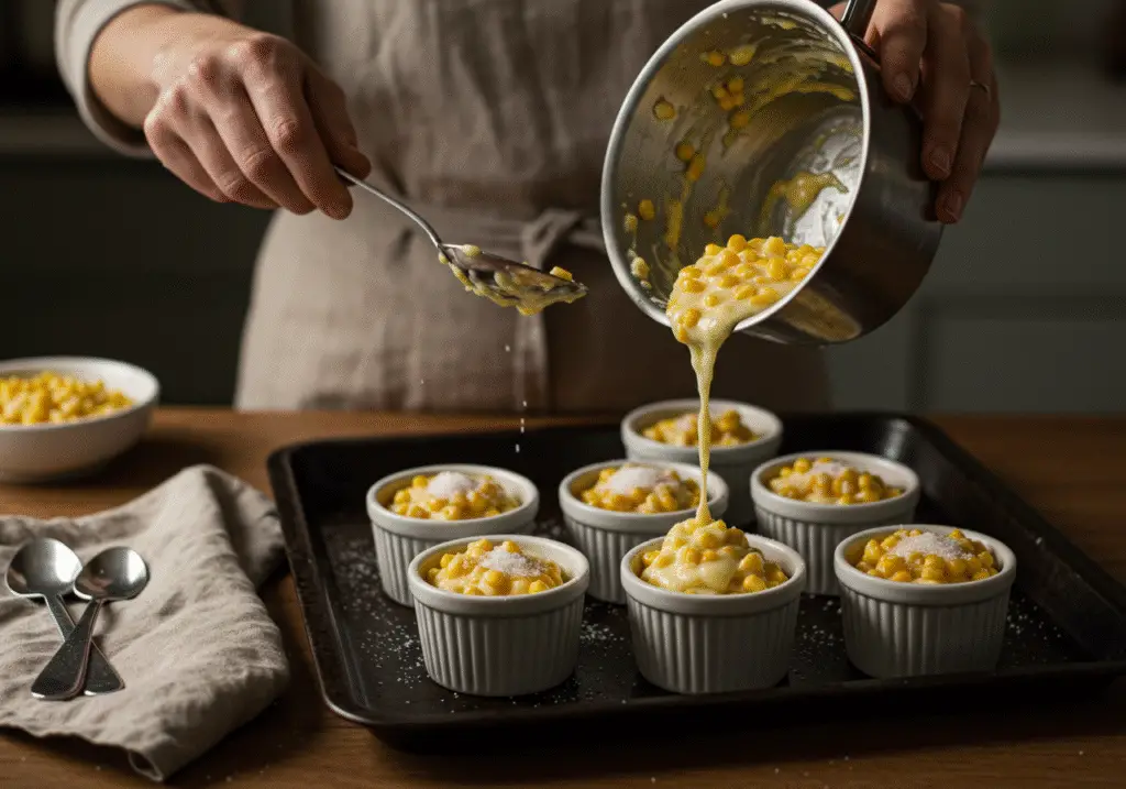 Ramekins filled with corn brulee mixture in preparation for baking, enhancing flavors with a touch of sugar.