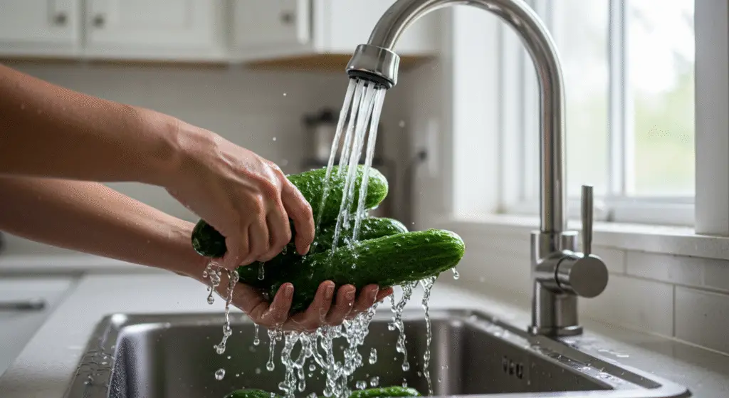 Fresh hot house cucumbers being washed before making Crisp Hot House Cucumber Bites, ensuring cleanliness for a delicious appetizer.