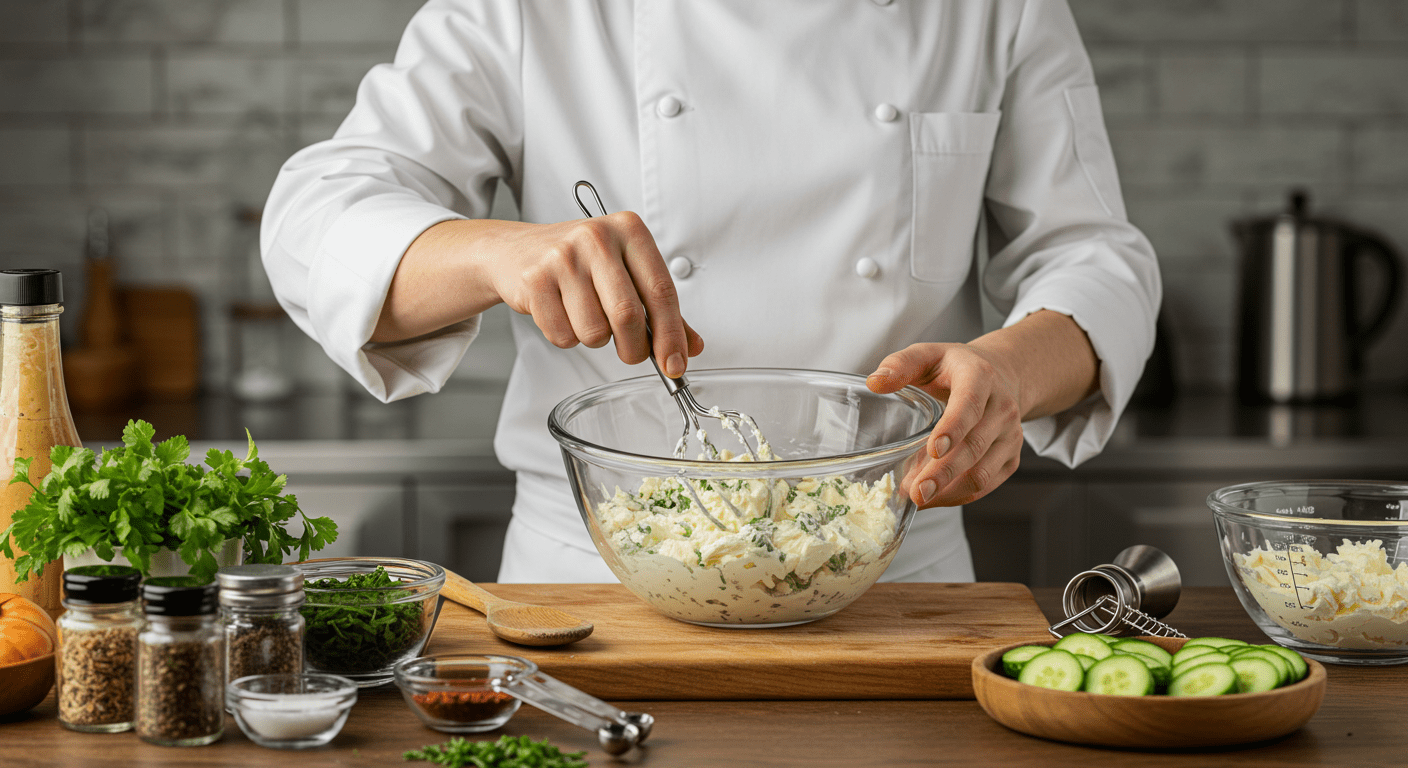 Mixing cream cheese with herbs and spices for Crisp Hot House Cucumber Bites, adding flavor to fresh cucumber rounds.