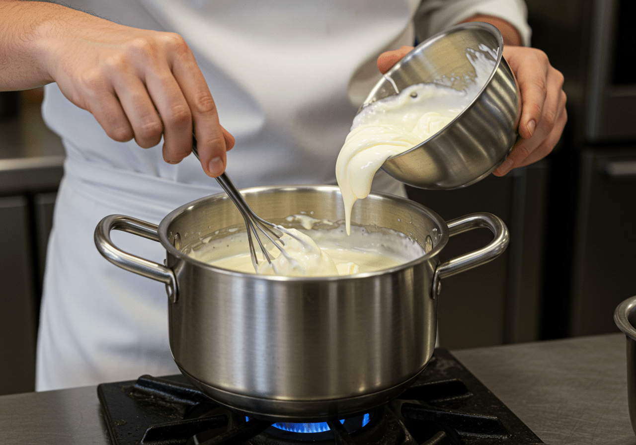 Making decadent cheesecake fondue with cream cheese and heavy cream for a rich dessert.