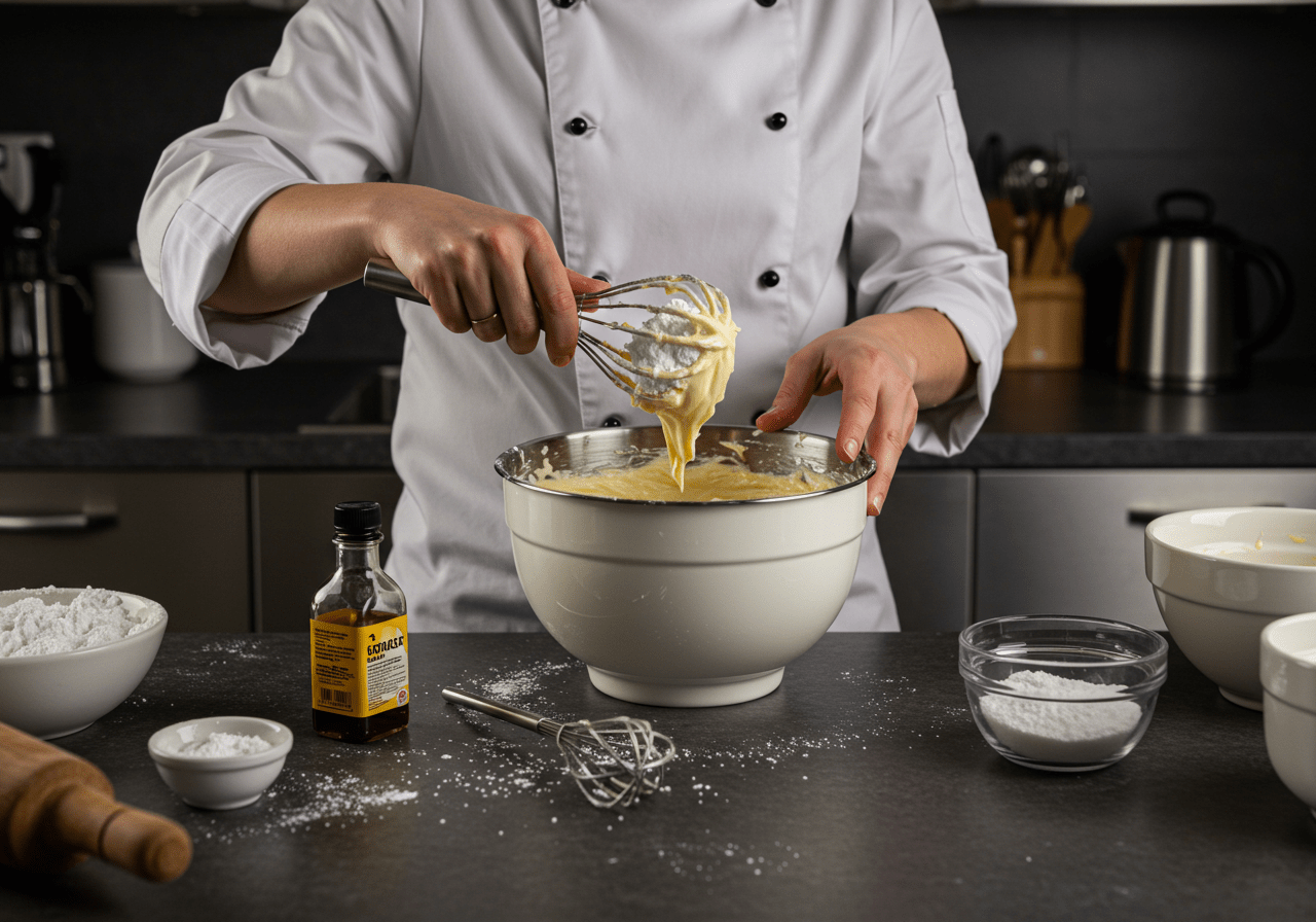 Combining vanilla and sugar to create a delicious cheesecake dip for fondue.