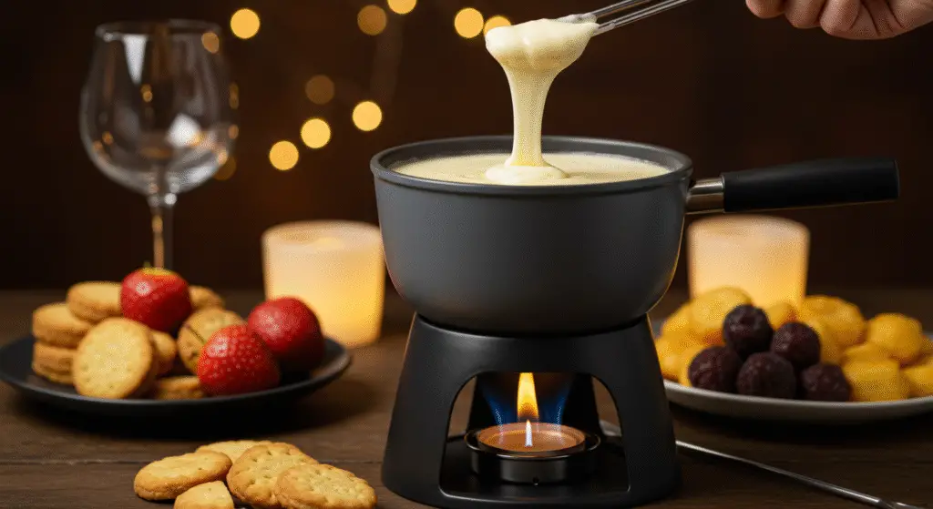 Serving warm, decadent cheesecake fondue in a beautiful pot for an indulgent dessert experience.