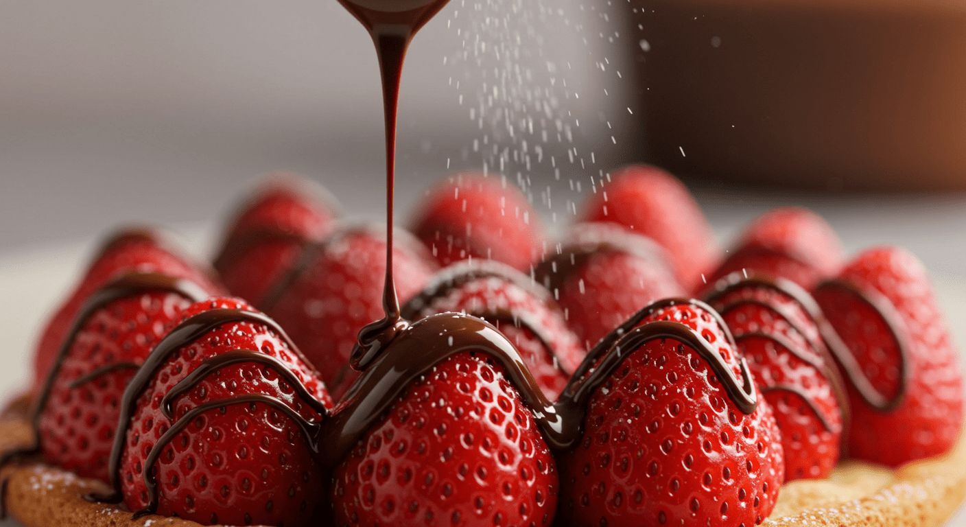 Adding a delicious drizzle to the fresh strawberry basket treat for an exquisite dessert experience.