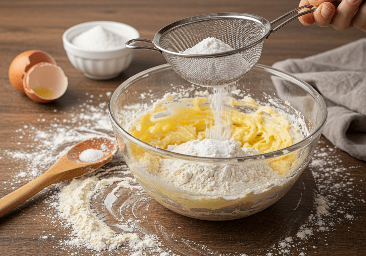 Sifting flour and baking powder for white chocolate raspberry cookie dough in a home kitchen environment.