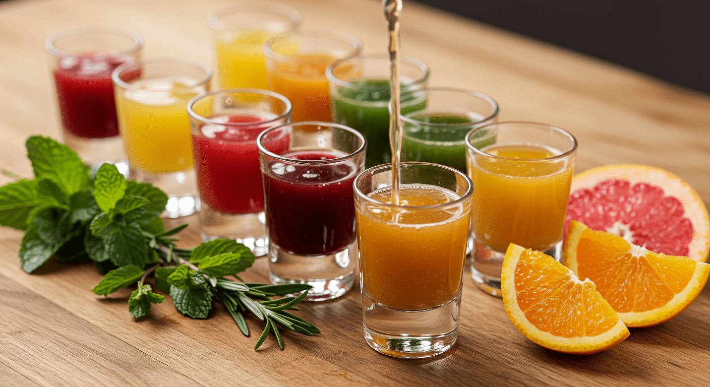 Wellness shots poured into shot glasses, showcasing delicious and healthy wellness shot recipes.