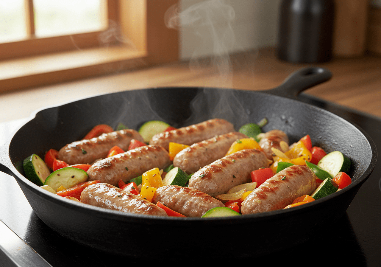 Cooking Jennie O turkey sausage in a skillet with vegetables for a flavorful dish, featuring low-calorie ingredients.
