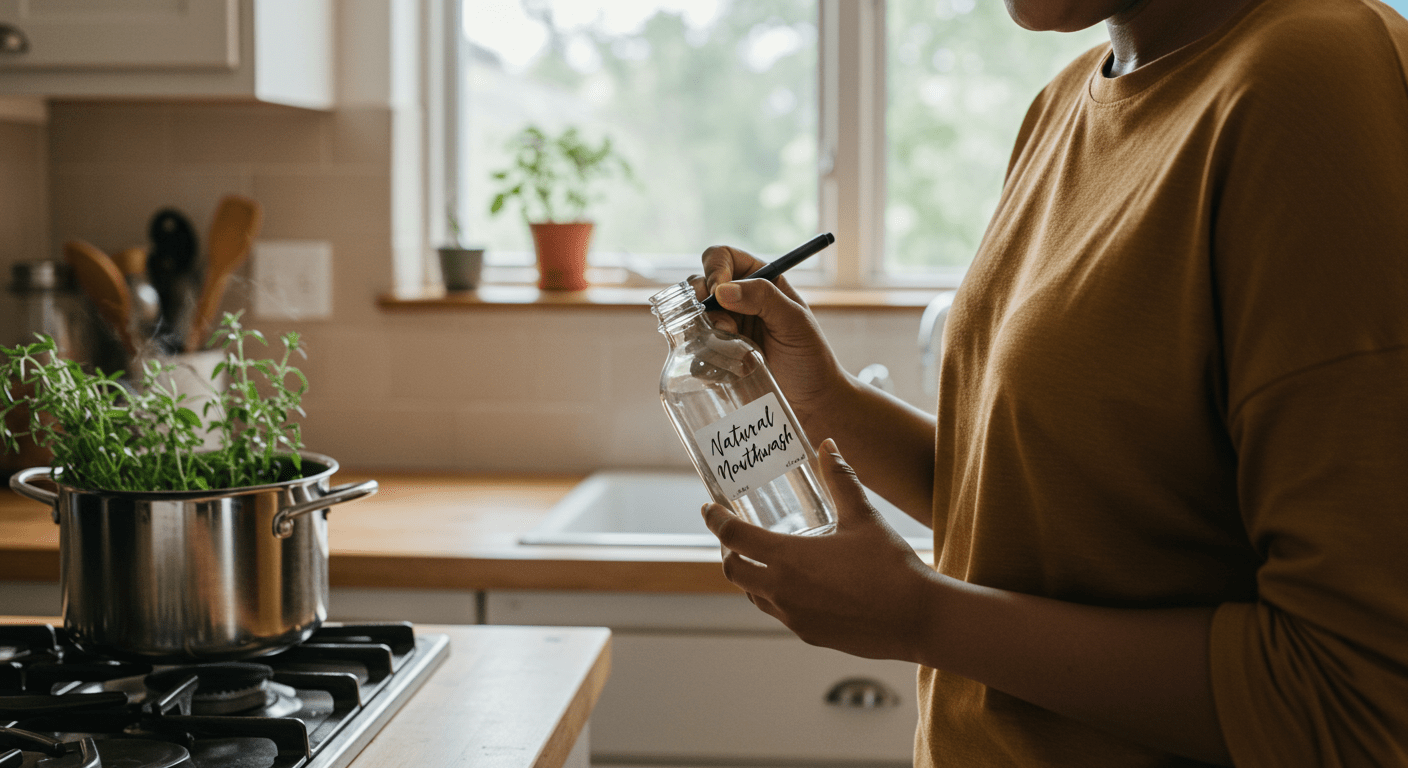 labeling glass bottle for homemade mouthwash recipe in a warm and inviting kitchen setting