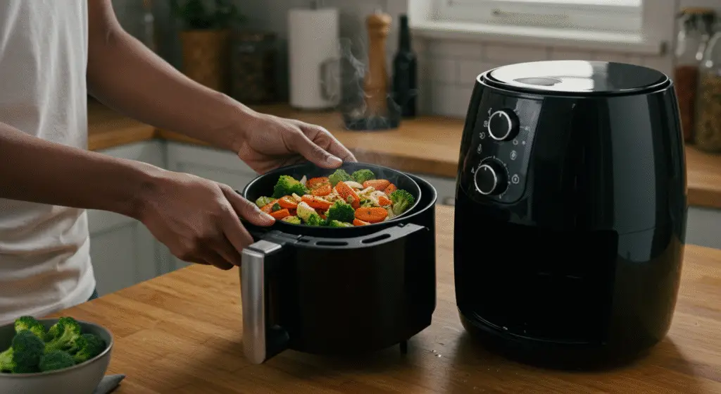 Placing seasoned ingredients into a Ninja air fryer, preparing for a delicious meal.