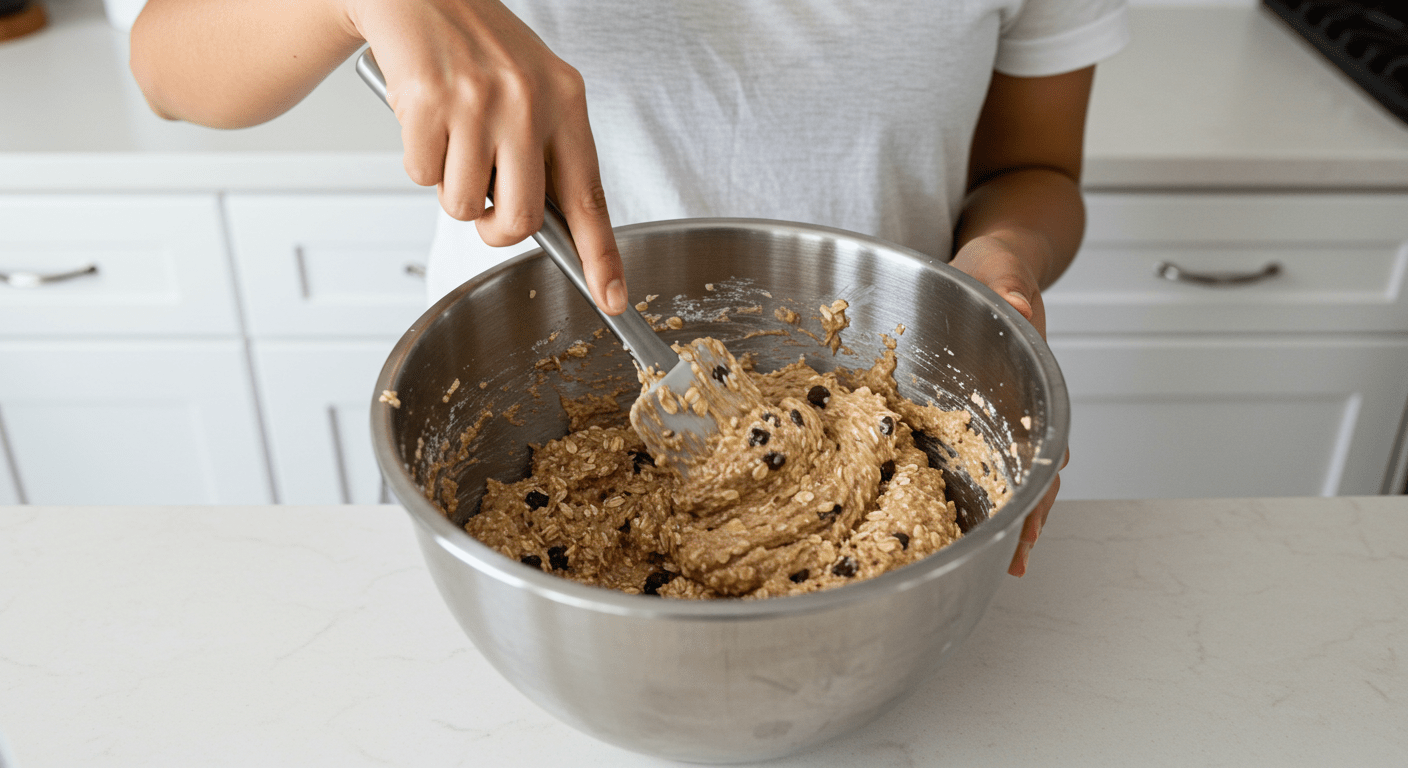 Blending wet and dry ingredients to create a nutritious dough for oatmeal protein cookies in a mixing bowl.