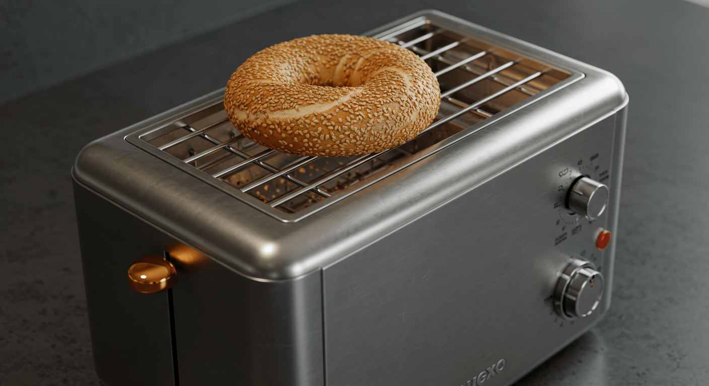 Toasting a sliced bagel to achieve a crispy exterior and soft interior.