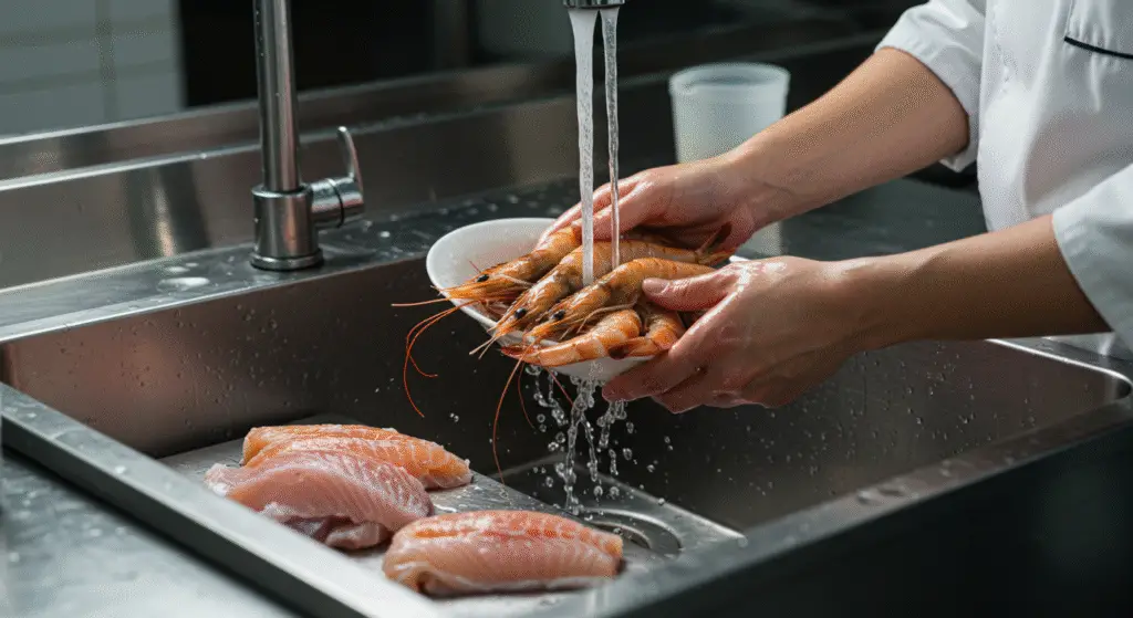 Preparing fresh seafood for Sal's seafood menu by rinsing shrimp and fish fillets in a clean kitchen.