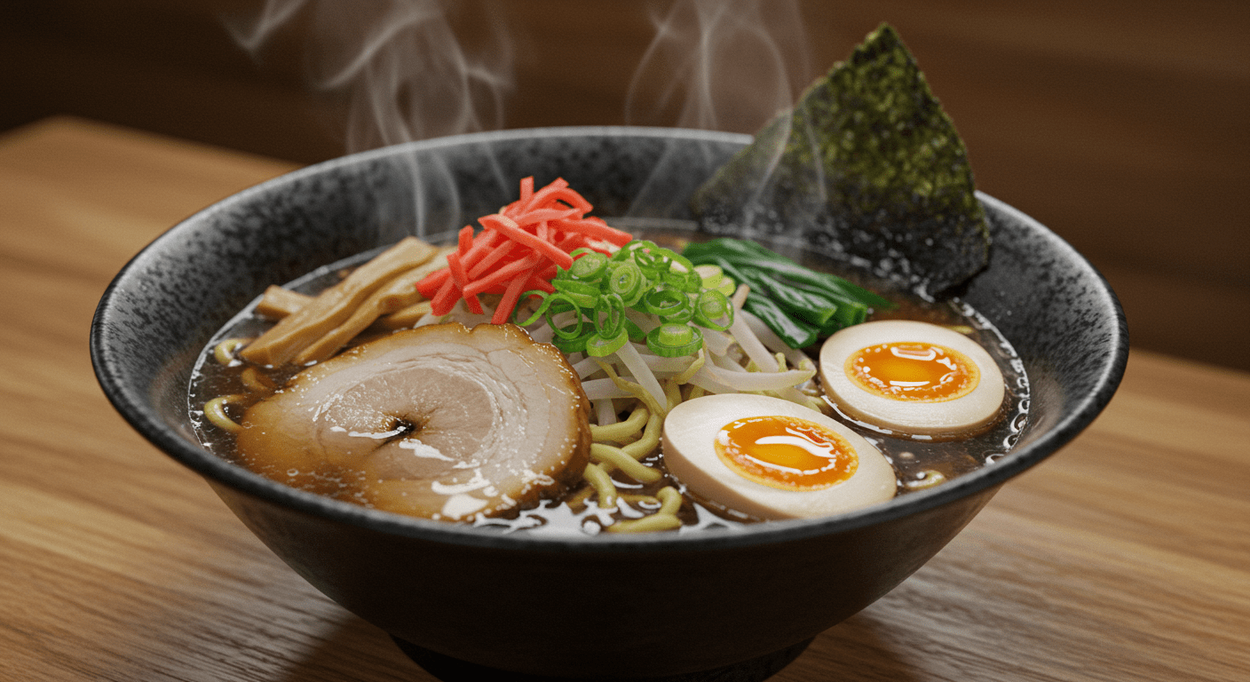 Savory fuyu ramen bowl ready to be enjoyed, featuring a rich broth and fresh toppings for a satisfying meal.