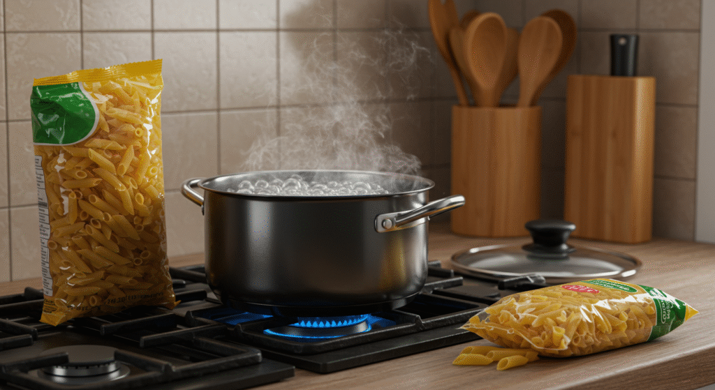 Boiling water for Spicy Rigatoni Recipe, showcasing pasta preparation in a vibrant kitchen.