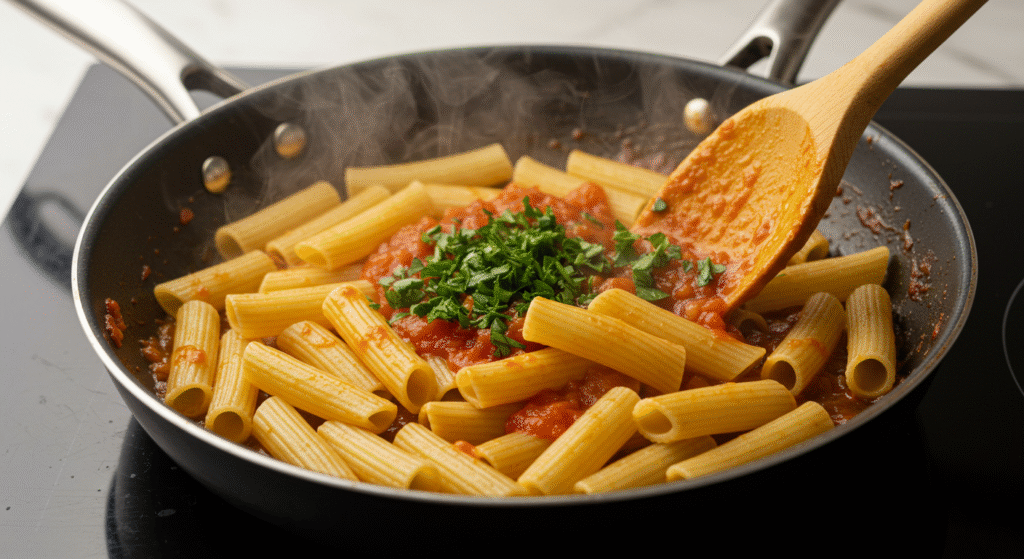 Combining rigatoni with the spicy sauce in a skillet for the final steps of Spicy Rigatoni Recipe, showcasing vibrant colors and textures.