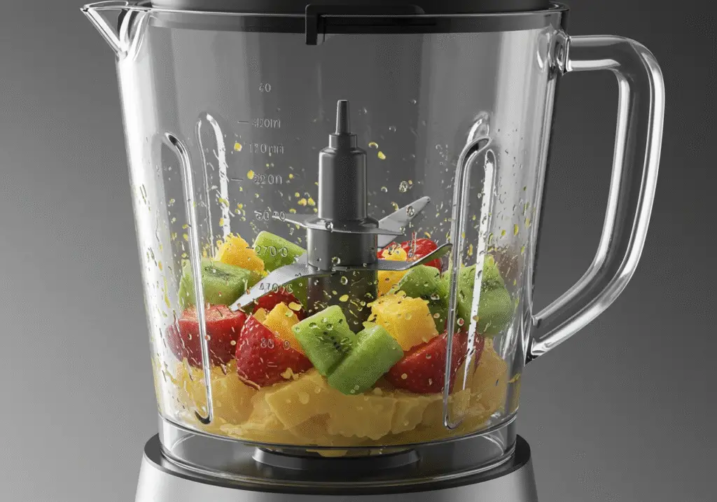 Blending vibrant pineapple and cucumber juice in a blender, capturing the refreshing and smooth mixture in a lively kitchen environment.