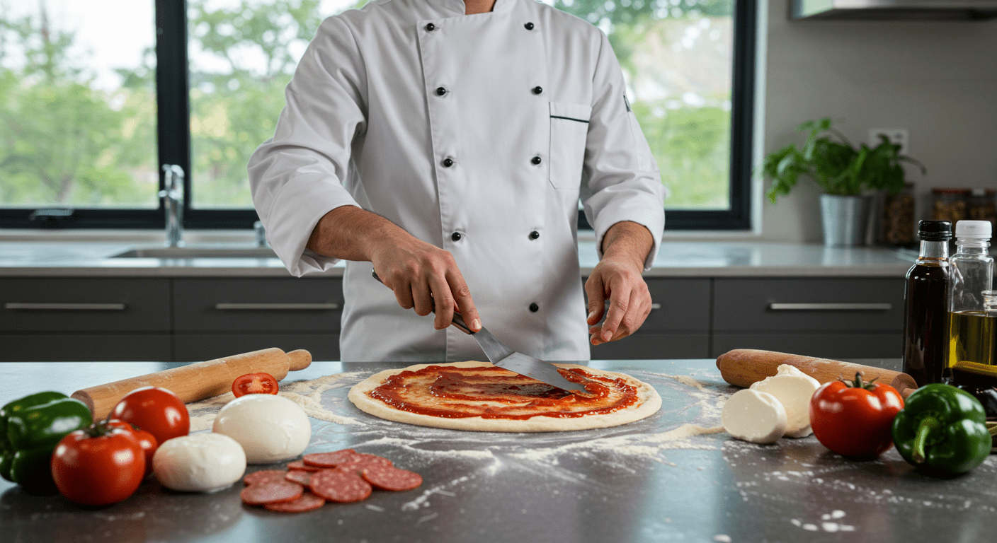 Creating Vinny's pizza by spreading sauce on dough, showcasing fresh ingredients for an authentic pizza experience.
