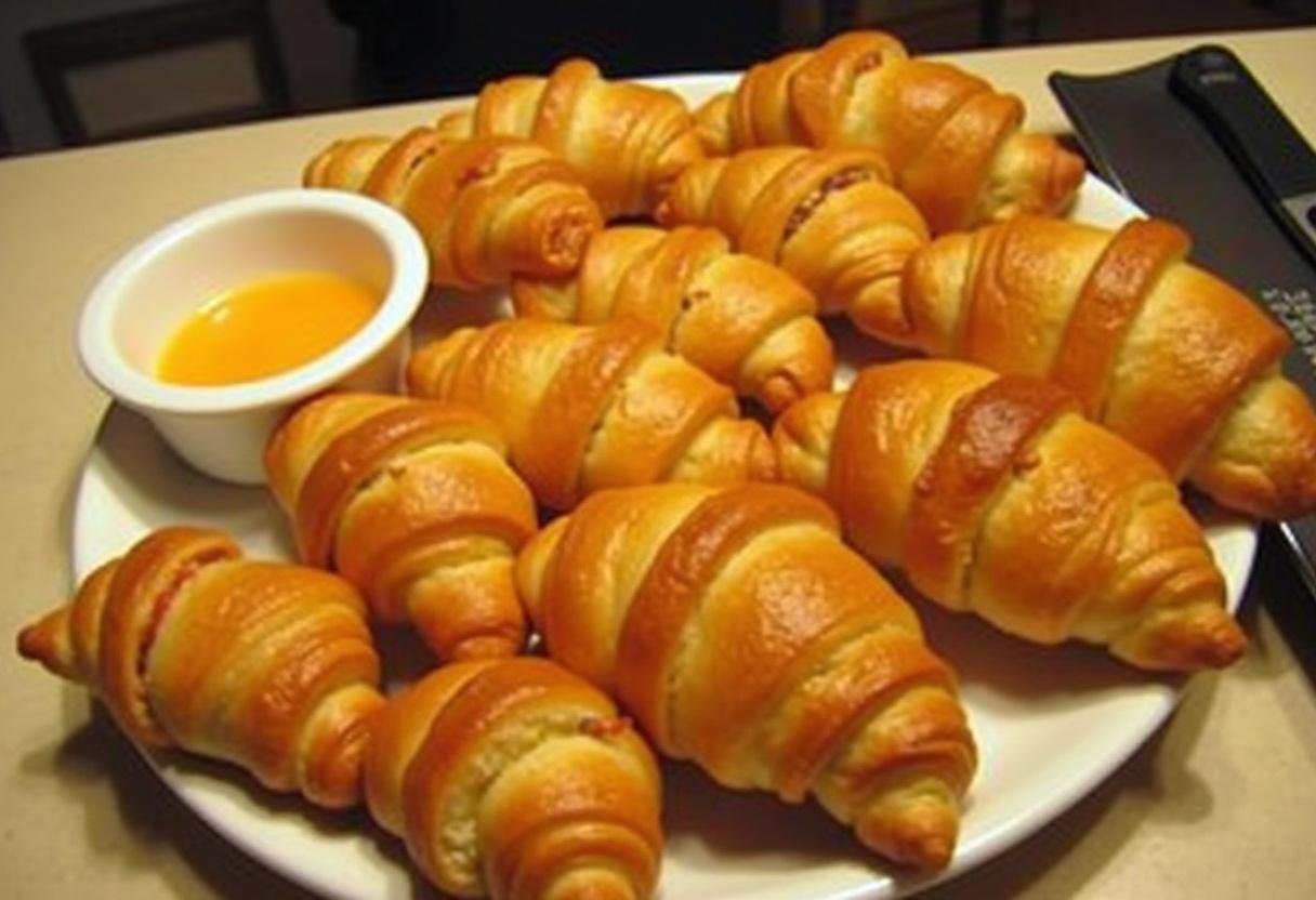Golden brown Bacon-Cheeseburger Crescents arranged on a serving platter with dipping sauces