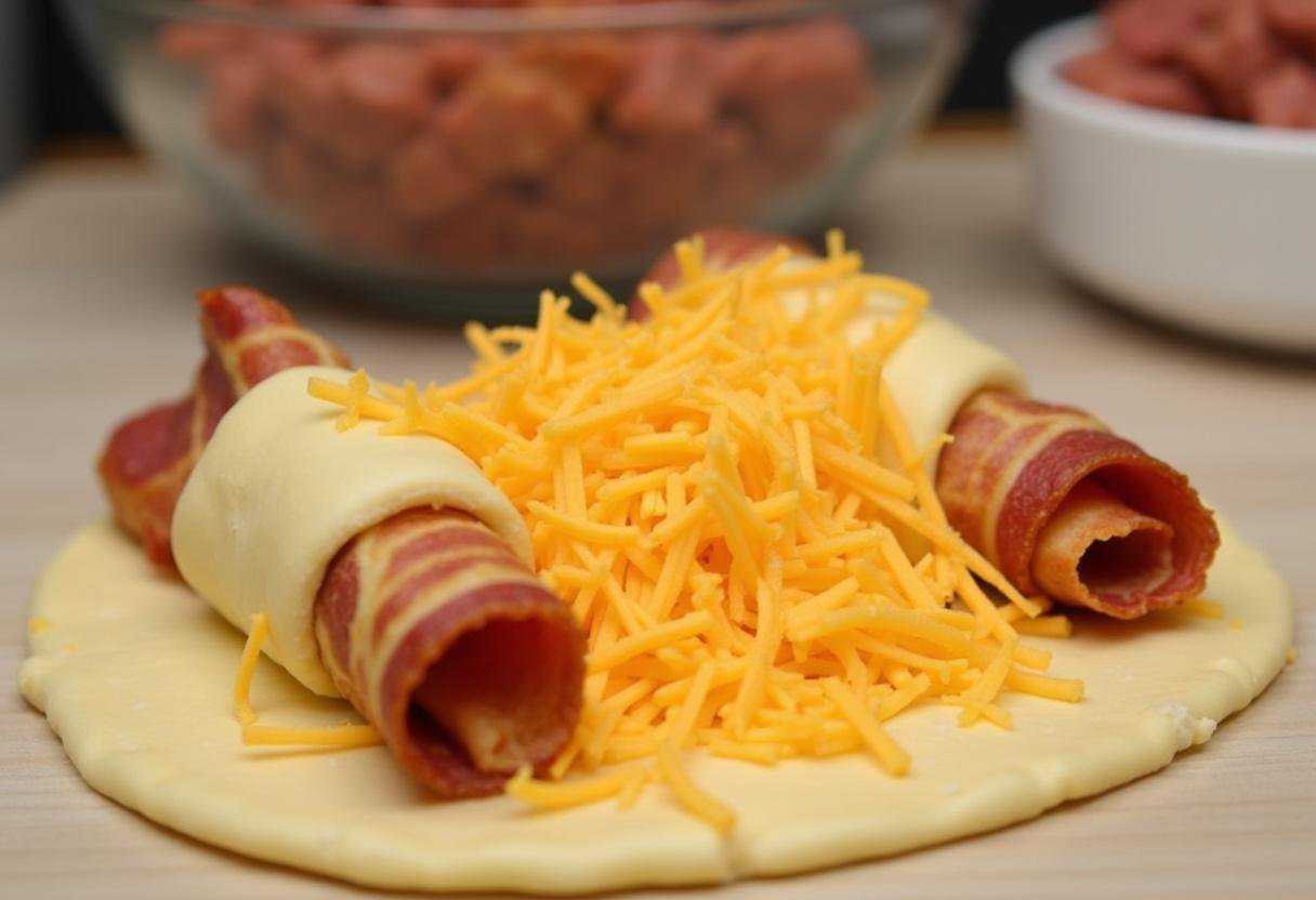 Hands assembling Bacon-Cheeseburger Crescents with beef, bacon, and cheese