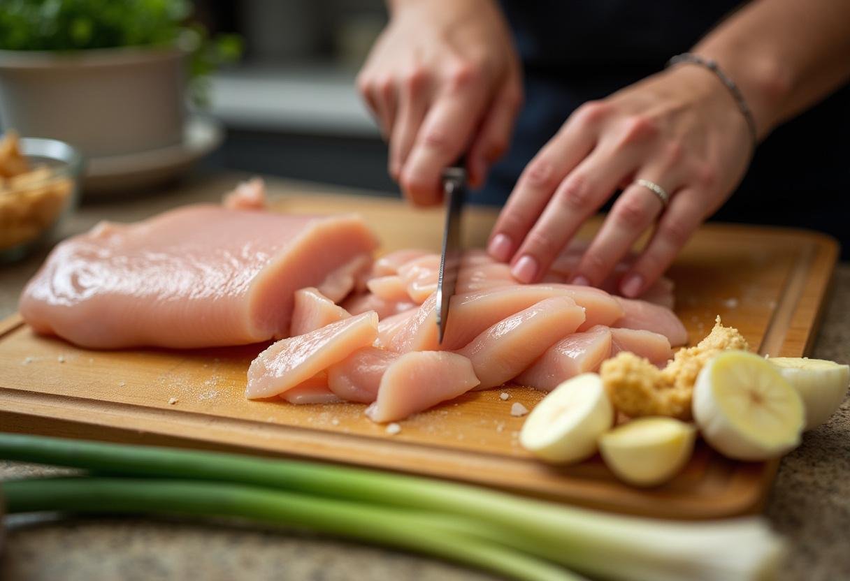 Fresh chicken breast sliced for Chinese Chicken Stir-Fry recipe.