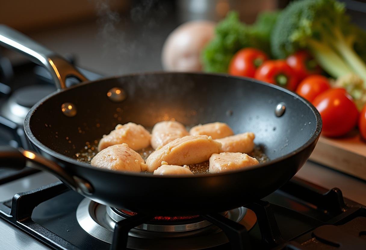 Hot wok with oil ready for stir-frying chicken and vegetables.