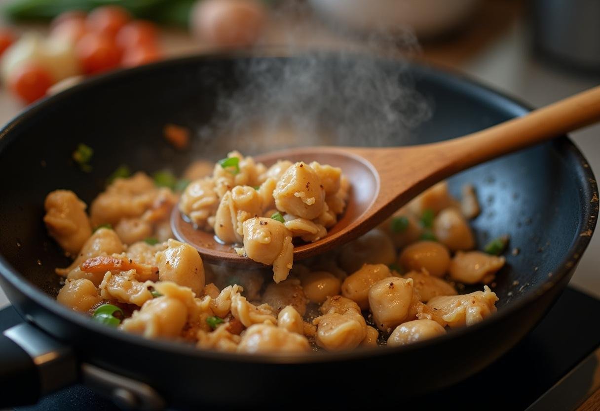 Chicken stir-fried with garlic and ginger in a hot wok.