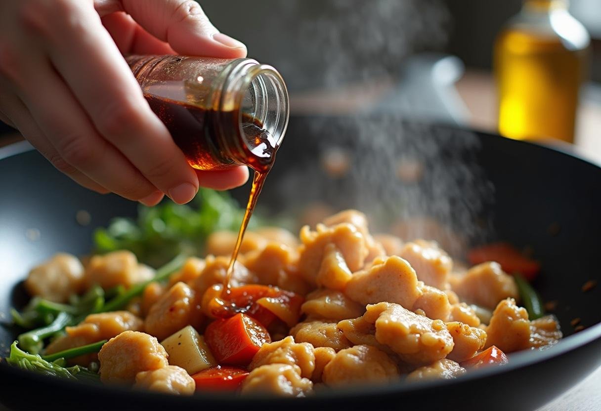 Soy sauce and oyster sauce being added to Chinese Chicken Stir-Fry.