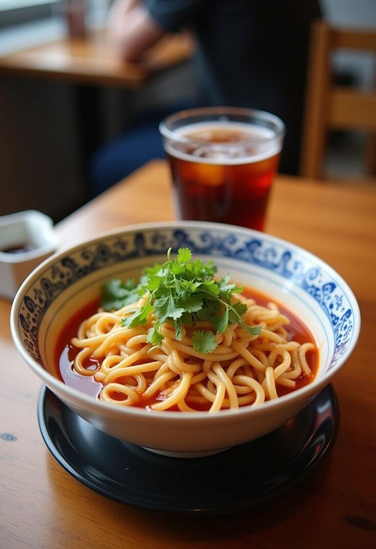Final presentation of Bibim Guksu, a delicious and colorful Korean cold noodle dish.