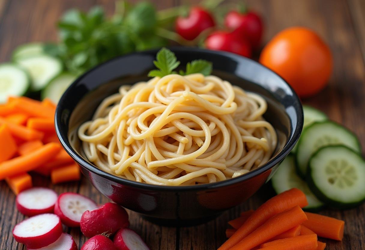 Cold noodles prepared for Bibim Guksu, accompanied by fresh vegetables for a vibrant presentation.