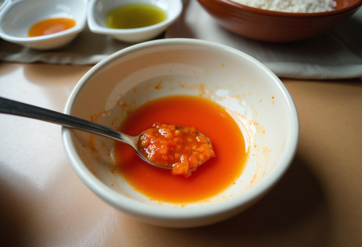 Ingredients being mixed for the tangy gochujang sauce in Bibim Guksu recipe.