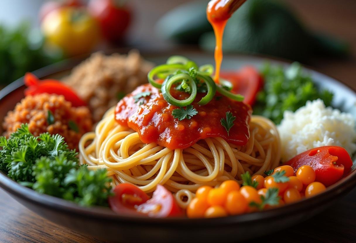 Cold noodles dressed with gochujang sauce and fresh vegetables for Bibim Guksu.