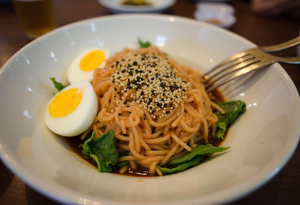 Garnished Bibim Guksu with sesame seeds and egg, ready to be enjoyed.