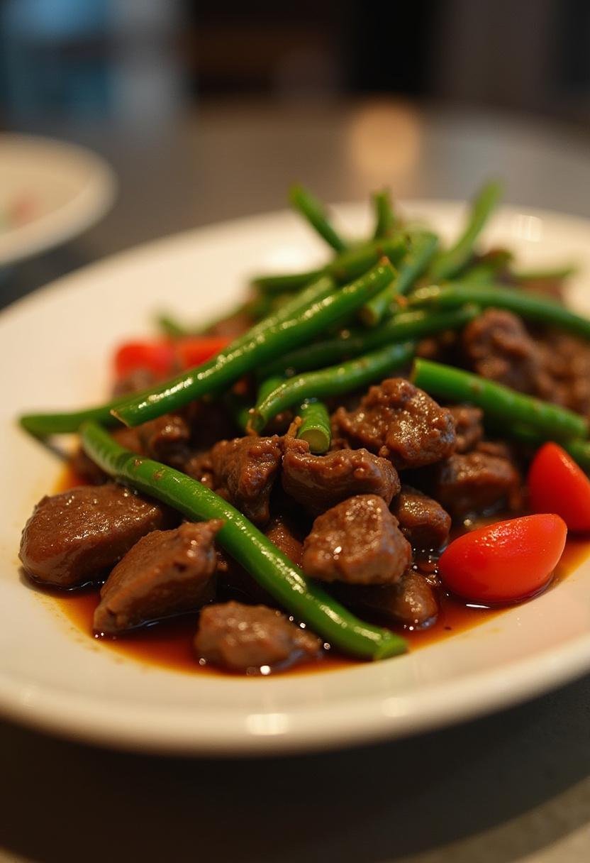Finished Black Pepper Beef & Green Beans served attractively on a plate.