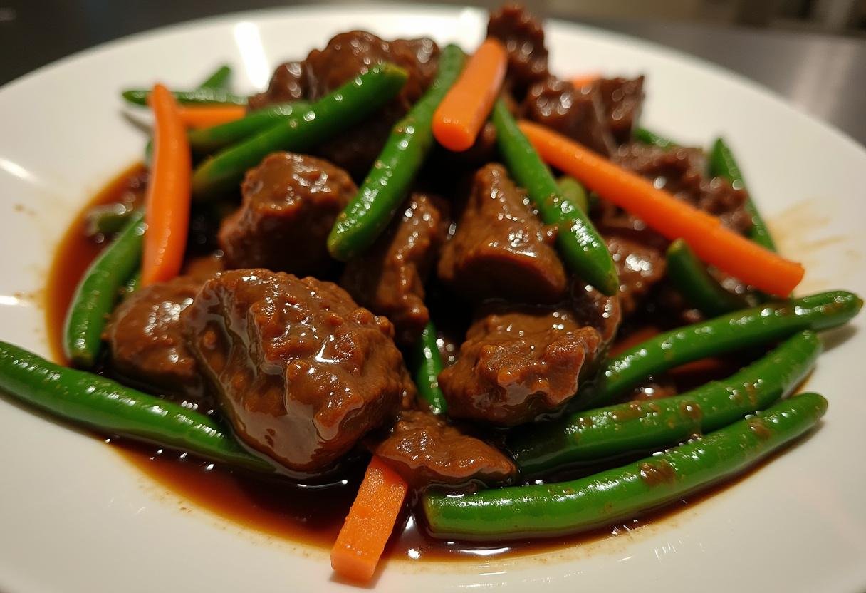 Finished Black Pepper Beef & Green Beans served attractively on a plate.