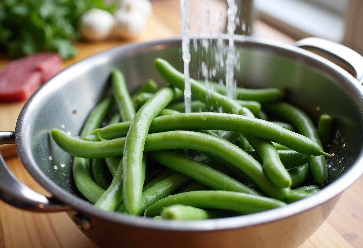 Rinsing fresh green beans for Black Pepper Beef & Green Beans recipe.