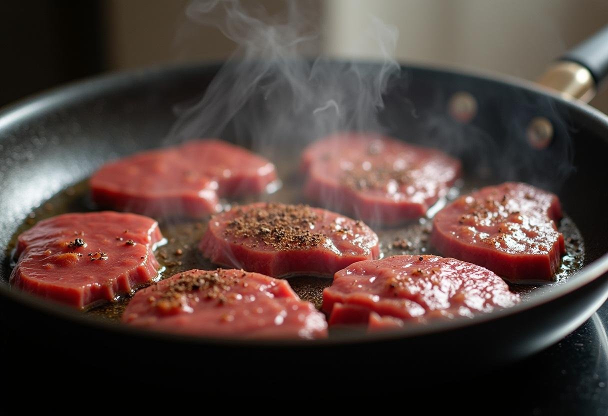 Beef strips being seared in a skillet for Black Pepper Beef & Green Beans.
